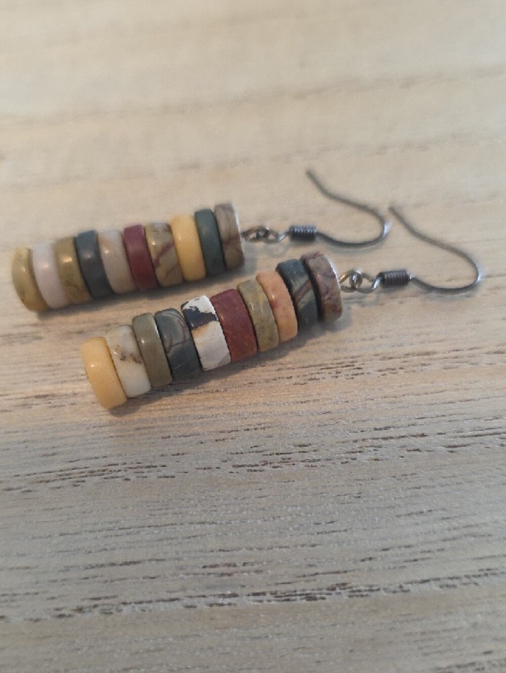 Handmade Stacked Earth-Tone Bead Drop Earrings - Picture 2 of 6